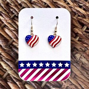 New Handmade Gold-Tone Patriotic Heart Dangle Earrings (1.4” Long x 0.6” Wide)